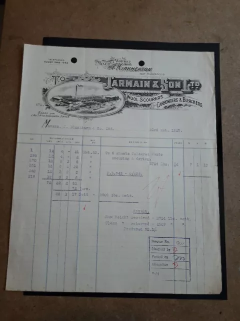 EPHEMERA: INVOICE FROM JARMAIN & SON , HUDDERSFIELD.  ( Wool Scourers) .1937