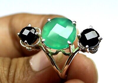 Black Green Onyx 925 Sterling Silver 3Stones Ring, Engagement Ring, Boho Jewelry