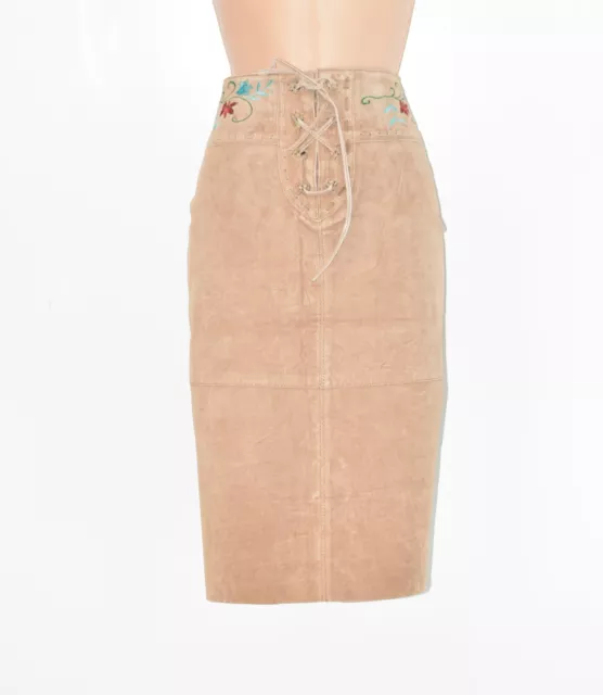 AMARANTO Real Leather Straight Pencil Midi Length Brown Skirt Size UK16 W34"
