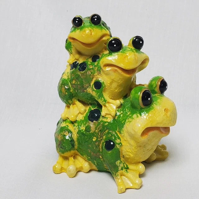Frog Figurine Green and Yellow Family Stunt Group of 3 Happy Smiles Amphibian
