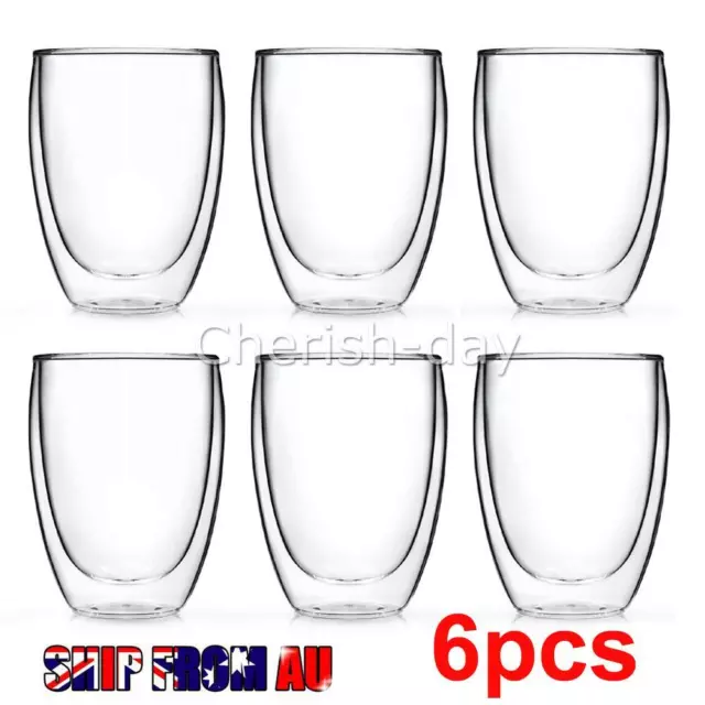 6pc Double Wall Walled Coffee Latte Juice Cups Whiskey Wine Drinking Glass 350ml