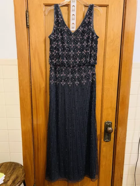 Pizarro Nights v-neck sleeveless embellished gown dress navy gray 12 pre-owned