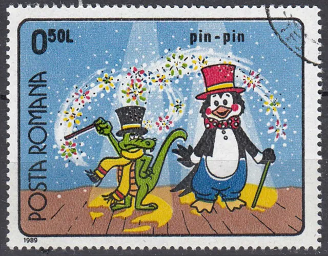 Rumänien gestempelt Zeichentrick Comic Figur Krokodil Pinguin Vogel Tier / 1043