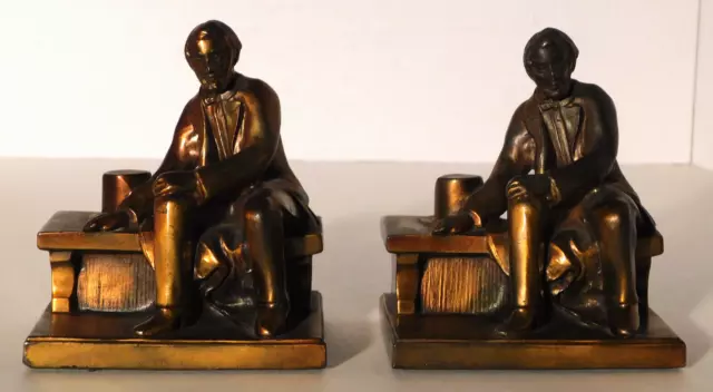 Vtg. Ronson Pair Copper Tone Cast Metal Lincoln Sitting on Bench Bookends 4 1/4"
