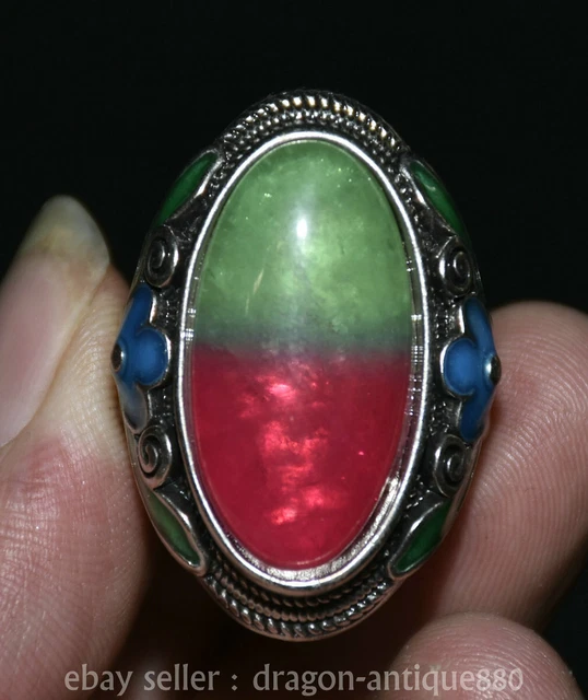 1.4" Old Chinese Silver inlay  two tone gem flower jewelry ornament Ring Rings