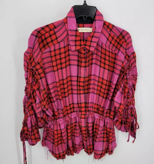 Free People Top Womens Small Pink Red Plaid Cinch Waist Tie Sleeve Boho Blouse