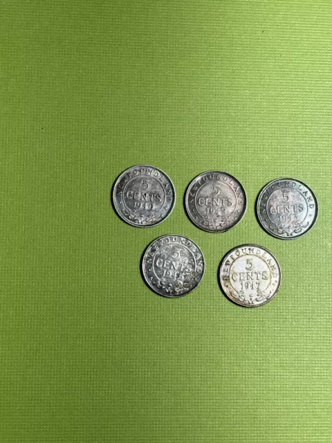 5 Canada Newfoundland 5 Cent Silver Coins 1940C 1042C 1943C 1945C 1947C