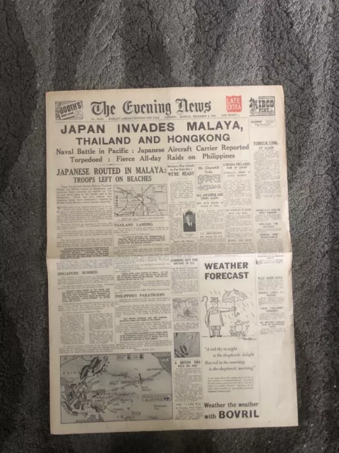 The Evening News December 8 1941 Pearl Harbour Malaya Japan Pacific War WWII Ww2