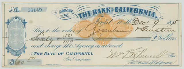 RN-D1 Revenue Imprint on Bank of California, San Francisco Bank Draft 1875