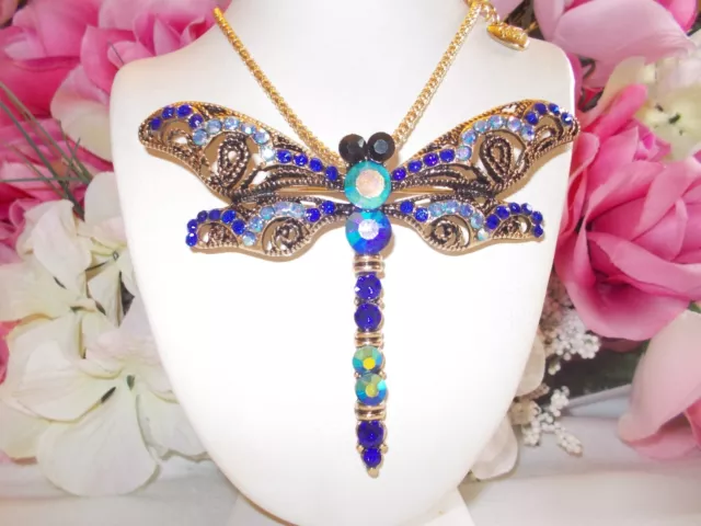 Betsey Johnson Beautiful Large Blue Dragonfly Pendant Chain Necklace/Brooch