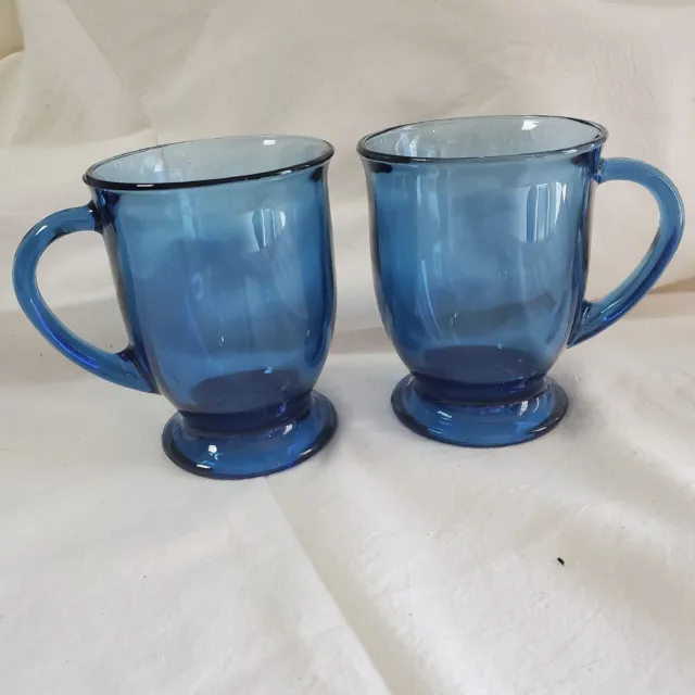 Tazas vintage Anchor Hocking dos patas de vidrio azul cobalto café té Cappacino