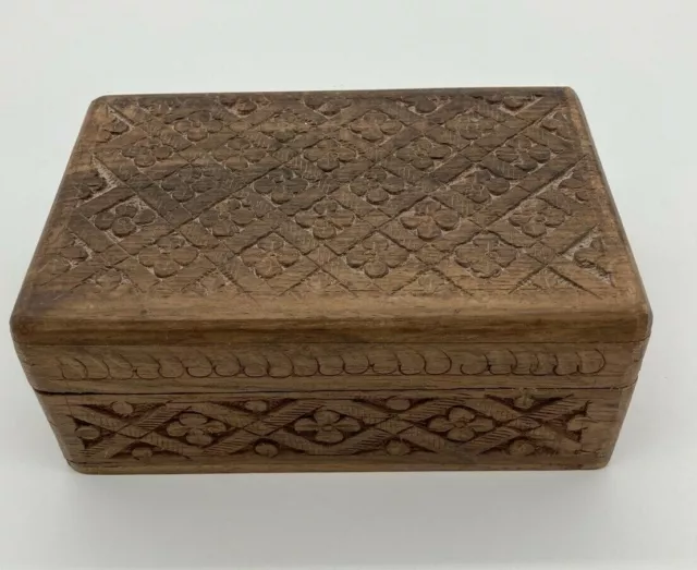 Vintage Hand Carved Wooden Trinket Jewelry Box Floral Made in India