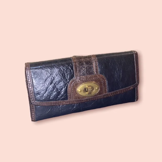 Fossil Vintage Revival Black / Brown  Turn Lock Flap Clutch Wallet SL2145 EUC