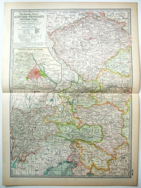 Austria Hungary - Western - Original 1902 Map by The Century Company. Antique