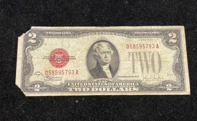 1928 F Two Dollar Bill $2 United States Red Seal Note