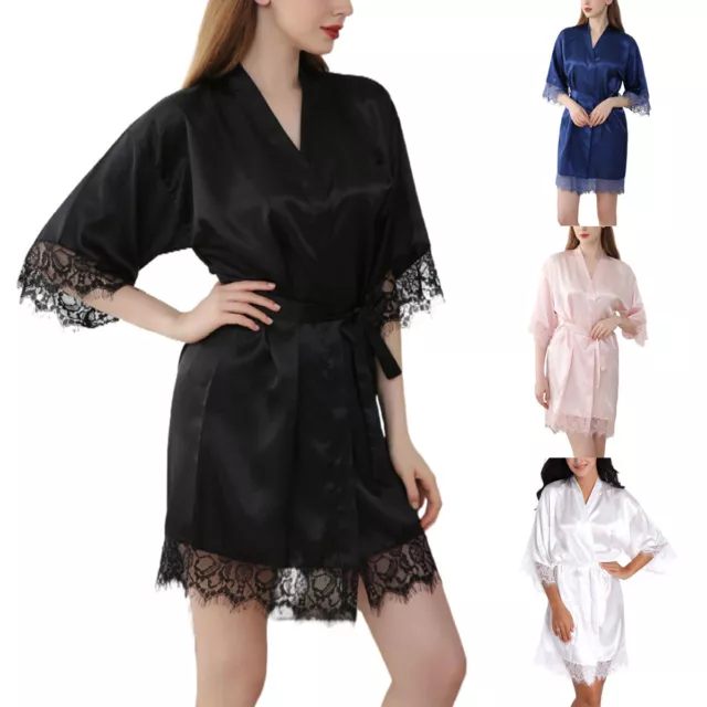 Womens Silk Kimono Bath Robe 3/4 Sleeve Satin Bathrobe V Neck Lace Dressing Gown