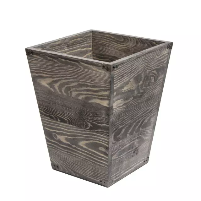 Farmhouse Style Wooden Square Trash Can with Decorative Metal Brackets for Bedro