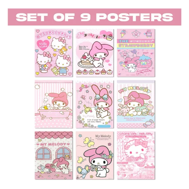 Set of 9 Hello Kitty & My Melody Cute Posters - Adorable Pink-Themed Wall Decor