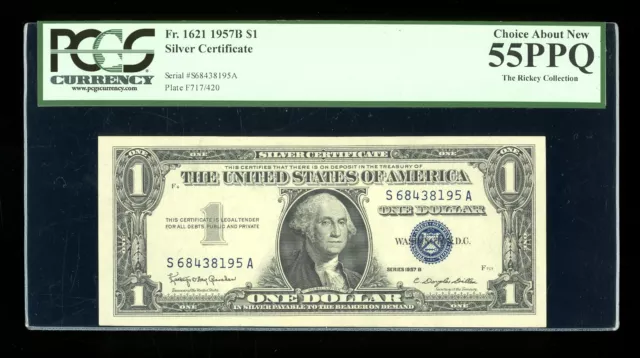 DBR $1 1957-B Silver Fr. 1621 SA Block PCGS 55 PPQ Serial S68438195A