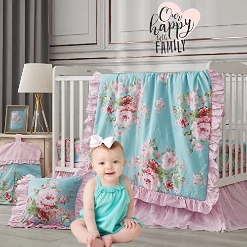 Baby Girls Crib Bedding Set with Botanical Watercolor Rose Floral 6 Piece