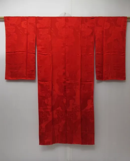 0702T09z270 Antique Japanese Kimono Silk JUBAN Red Crane
