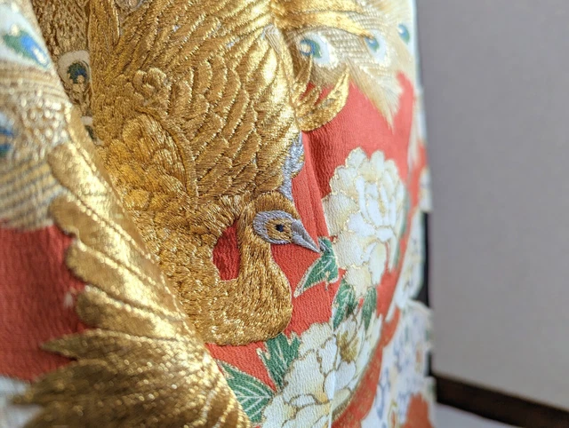 Japanese Kimono Tomesode Antique Silk Fabric Black Floral Peacock Kimono only 8