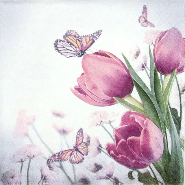 4x Single Paper Napkins for Decoupage and Party - Butterfly & Tulips
