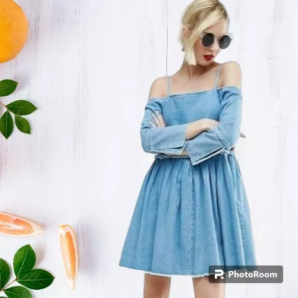 ASOS Women Dress Denim Off Shoulder Pleated Bell Sleeves UK 12 2