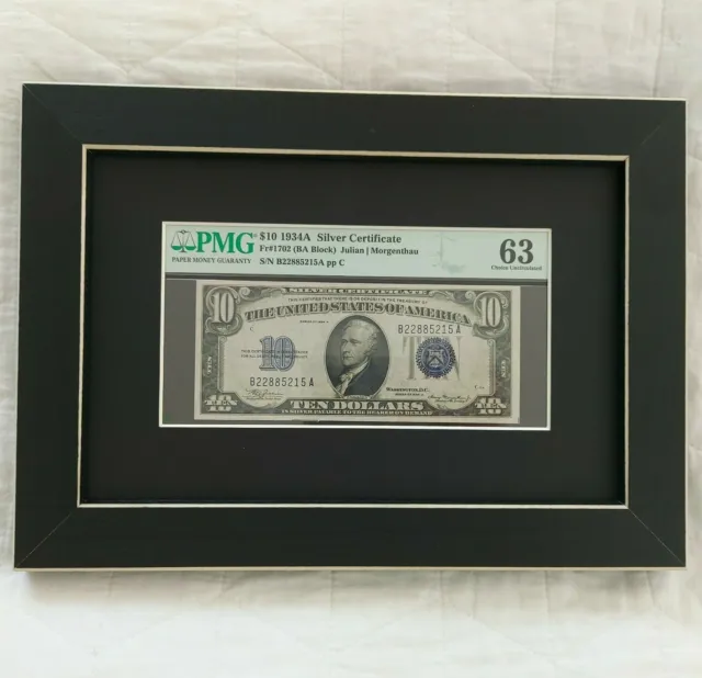 1934A $10 Silver Certificate PMG 63 Fr. 1702. BA Block Framed Matted Removable