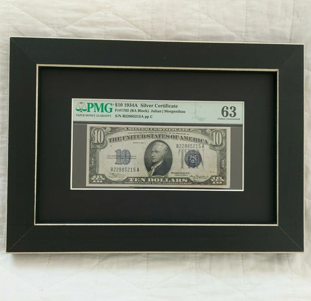 1934A $10 Silver Certificate PMG 63 Fr. 1702. BA Block Framed Matted Removable
