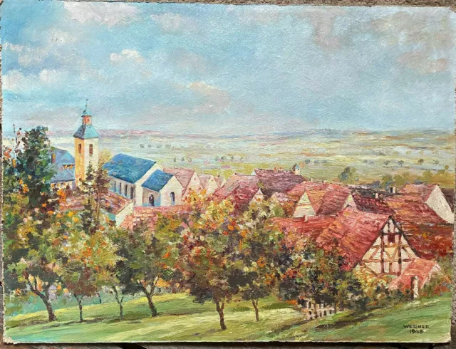 Pintura Al Óleo Iglesia Y Casas Sur de Alemania Antik ° Pueblo Ortschaft Werner