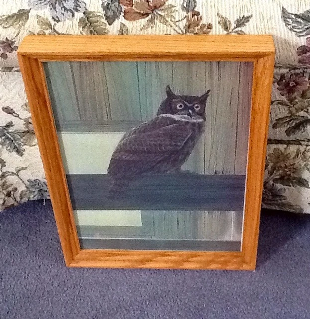 Owl on Fence Great Horned Signed Print 11” X 14” Wood Frame Weathered Barn