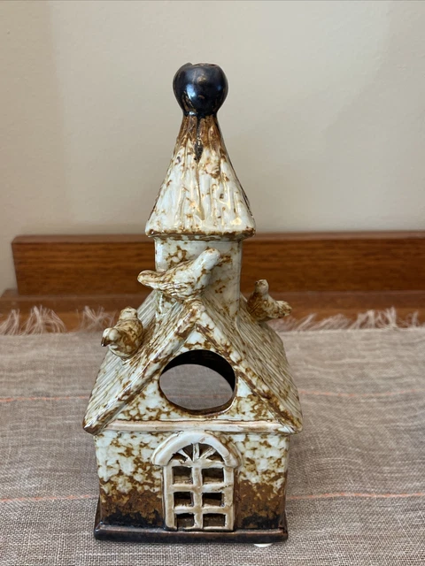 Ceramic 8 1/4" Birdhouse Birds on Roof Brown Cream Tealight Holder