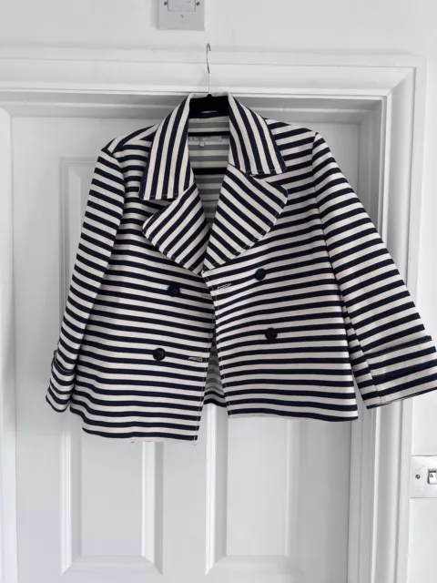 Zara Trafaluc Size L Navy White Striped Thick Blazer Jacket Coat Double Breasted