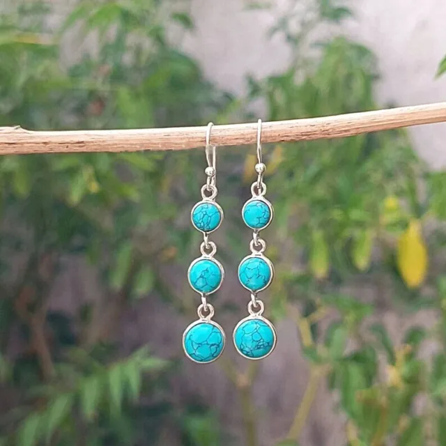 Real 925 Sterling Silver Round Shaped Turquoise Handmade Genuine Dangle Earrings