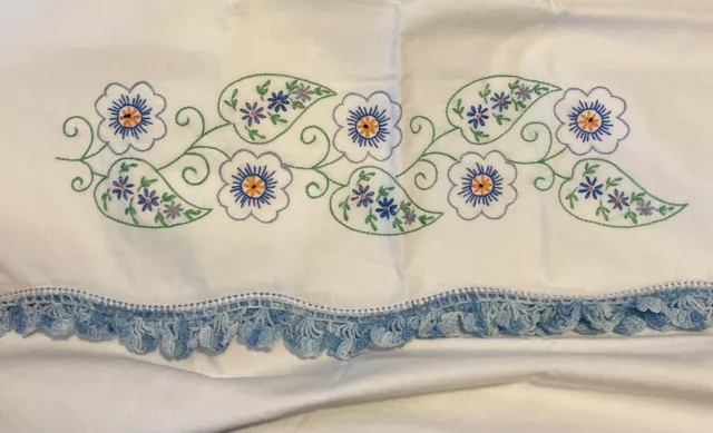 Embroidered Pillowcases Pair Blue Floral With Crocheted Trim Standard Linen