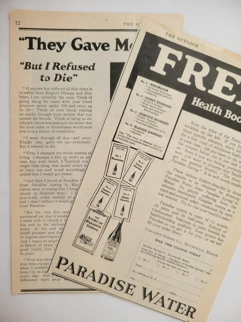 Paradise Water Claims Quack Medicine 2 Print Ads 1922 Outlook Original ~5.5x8.5"