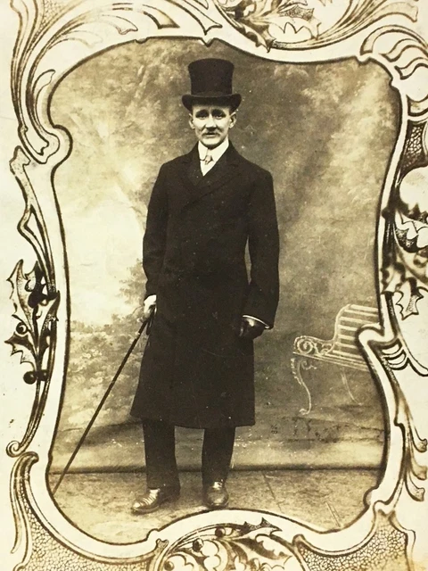 Studio Real Photo RPPC ~ Dapper Man In Top Hat Holds Cane ~ Art Nouveau Border