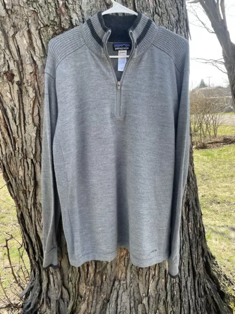 Patagonia Sweater Mens XL Gray 100% Merino Wool Quarter Zip Pullover Ribbed