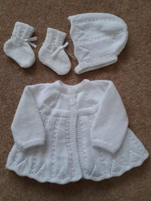 Hand knitted Baby Clothes Girls Matinee set in white 0/3months *Charity Auction*