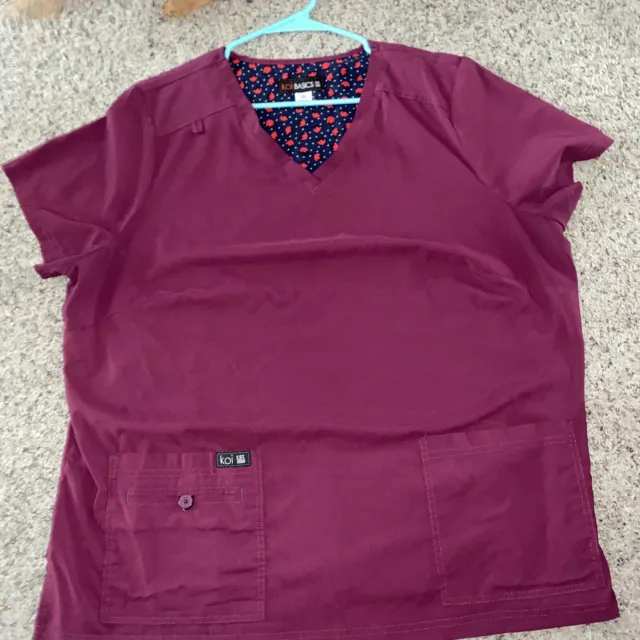 Koi Basics Womens Size 2X Scrub Top Wine V-neck Pockets Pullover Stretch