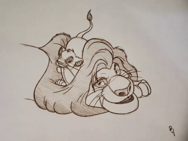 Disney The Lion King Simba and Mufasa Drawing/sketch animation signed hand drawn
