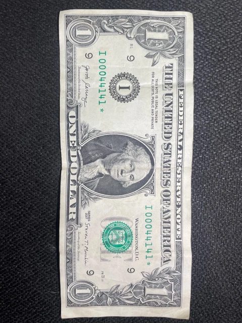 One Dollar Star Note Series 2017 fancy serial number I00044141* Error off center