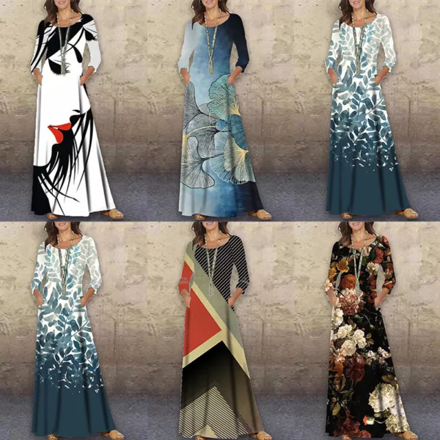Robe Imprimée T Shjrt Manches Longues Maxi Vacances Ras Cou *
