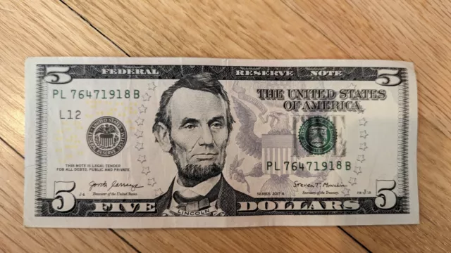 2017 Circulated $5 Bill, Off-set Miscut Error, Misaligned Serial Number