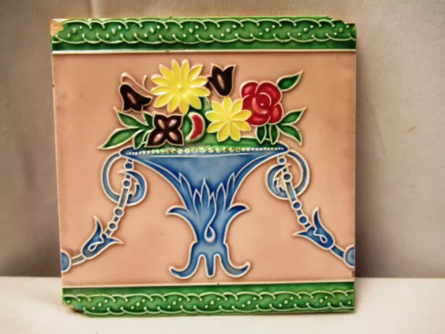 Antique Tile Majolica Art Nouveau Japan Liberty Brand Flower Vase Strips Pet"710