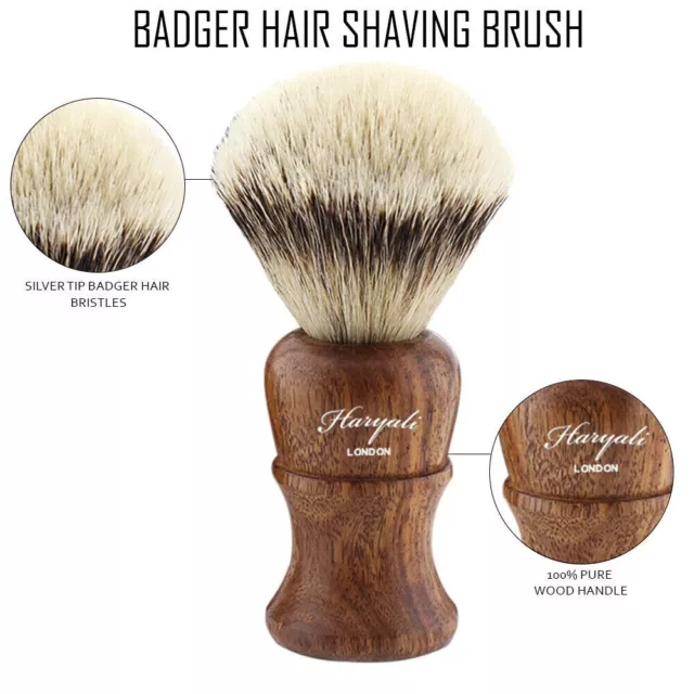 Shaving Brush For Mens Badger Hair Bristle Silver Tip Pure Wooden Handle HARYALI