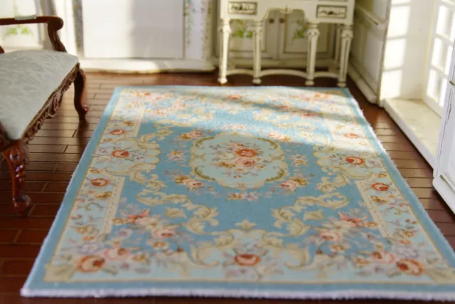 8" Larger French Country Blue Aubusson Design Miniature Rug Beautiful Roses