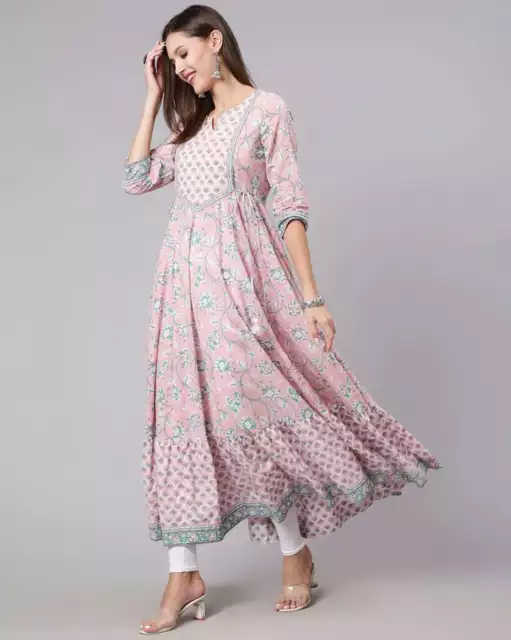 Abito Donna Indiana Stampa Foglia Cotone Svagliato Kurta Kurti Top Tunica Pakistano 3