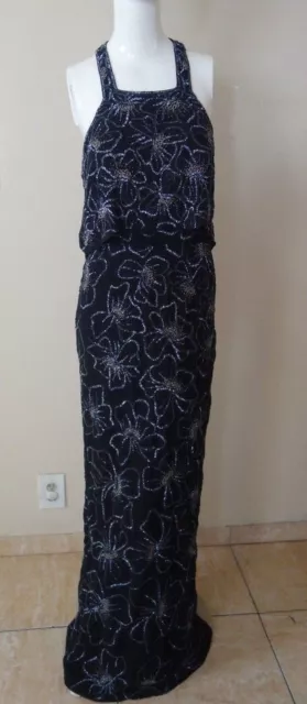 Parker Beaded Floral Halter Black Silk Gown  Sz 6 Nwt